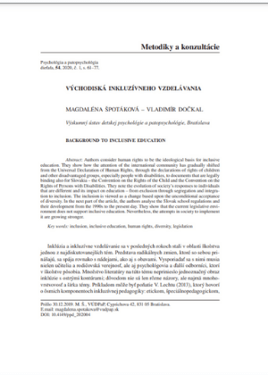 dokument vychodiska inkluzivneho vzdelavania nahlad1 Východiská inkluzívneho vzdelávania. Autori: Magdaléna Špotáková, Vladimír Dočkal, Vydalo: Psychológia a patopsychológia dieťaťa, 2020.
